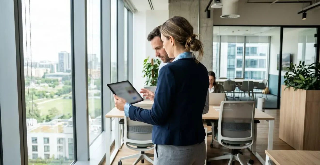 Agent immobilier vu de profil consultant une tablette numérique dans un bureau contemporain lumineux avec grandes fenêtres