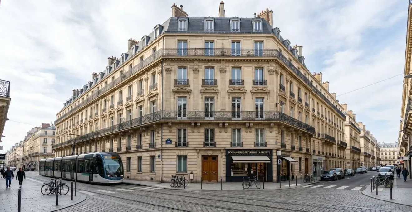 Façade d'un immeuble haussmannien parisien avec balcons en fer forgé dans une rue pavée calme du Marais sous une lumière naturelle de journée