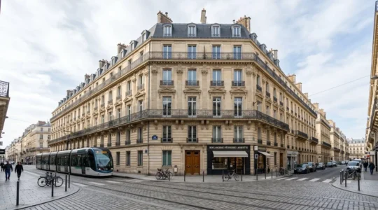 Façade d'un immeuble haussmannien parisien avec balcons en fer forgé dans une rue pavée calme du Marais sous une lumière naturelle de journée