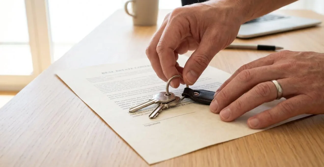 Gros plan sur des mains posant des clés d'appartement sur un document de contrat immobilier flou, avec un bureau en bois clair moderne en arrière-plan